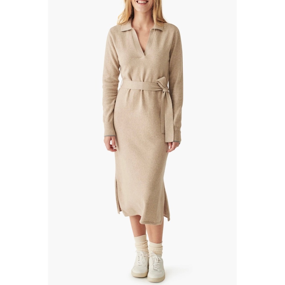 Faherty Jackson Long Sleeve Tie Waist Cotton Blend Sweater Dress Womens Medium